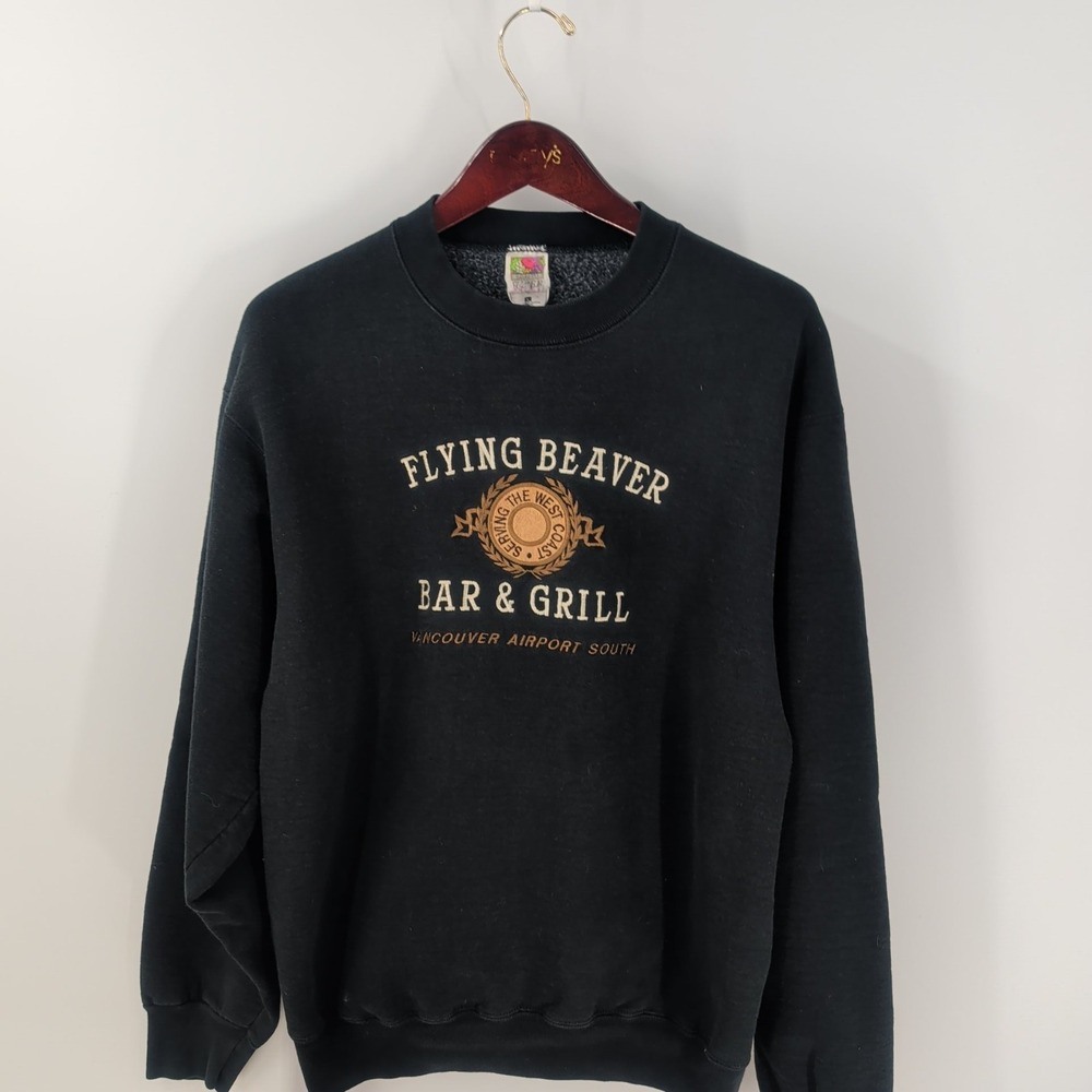 Vtg Fruit Of The Loom Flying Beaver Bar & Grill Pullover Sweatshirt Black Size L